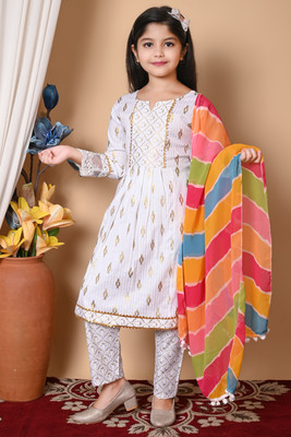 CUTE XII FASHION Girls Bandhani Ethnic Dress Kurta(White)