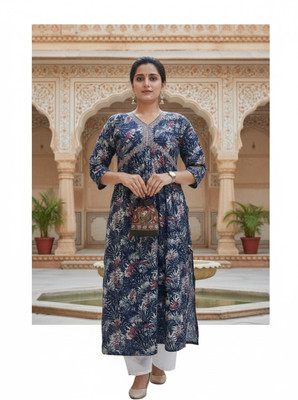 Kisu Women Floral Print A-line Kurta(Multicolor, Dark Blue)