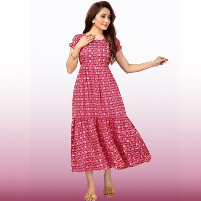 CEE 18 Women Printed Flared Kurta(Pink)