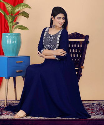 DSS FASHION Women Embroidered Anarkali Kurta(Dark Blue, White)