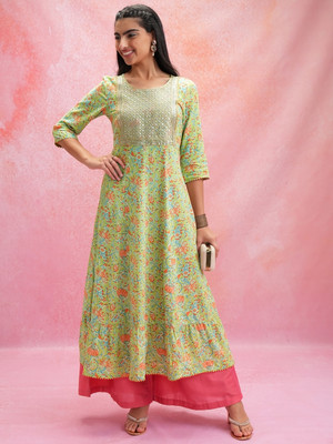 Vishudh Women Printed Anarkali Kurta(Green)