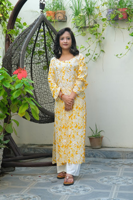 Elegance Hub Women Chikan Embroidery A-line Kurta(Yellow)