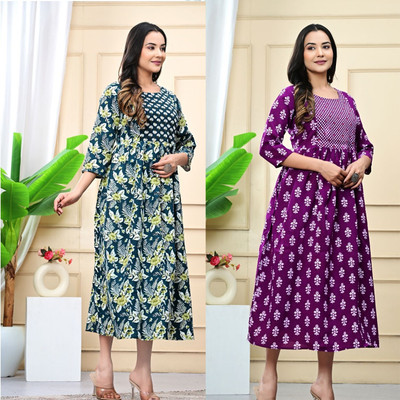 Kadri Women Printed A-line Kurta(Blue)