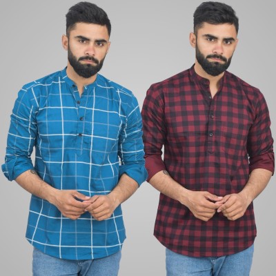 QuaClo Men Checkered Straight Kurta(Blue, Maroon)