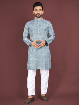 LeipZig Men Printed Straight Kurta(Light Blue)