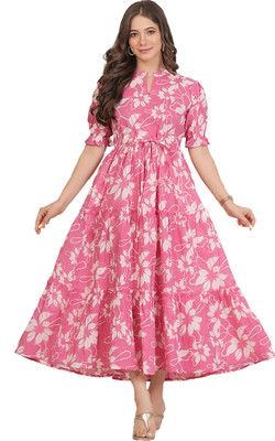 Kuruti B Sheets Women Printed A-line Kurta(Pink)