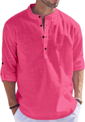 FOLGEN Men Solid Straight Kurta(Pink)