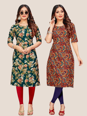 HouseOfCommon Women Printed Straight Kurta(Green, Brown)