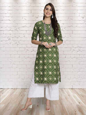 EthnicBasket Women Printed A-line Kurta(Dark Green, Beige, White)