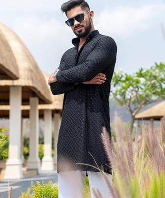 Lazzly Men Printed, Chikan Embroidery Straight Kurta(Black)