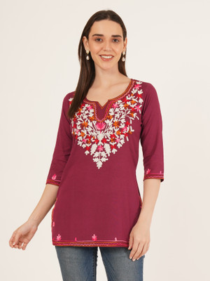 Miss Peach Casual Embroidered Women Maroon Top