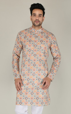 FUBAR Men Printed Straight Kurta(Orange)