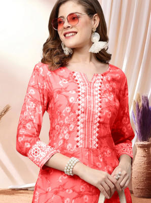 Nibhao Women Embroidered Straight Kurta(Orange)