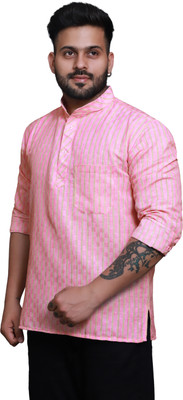 RAI's Men Striped Straight Kurta(Pink)