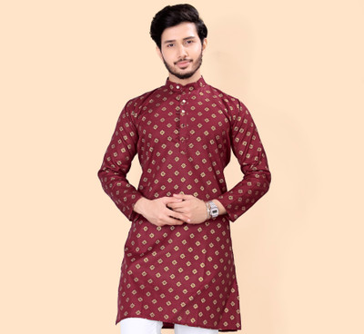 Nnc Men Geometric Print Straight Kurta(Maroon)