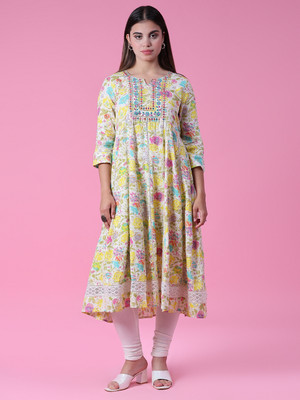 V-MART Women Self Design A-line Kurta(Yellow)