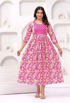 BQWOMEN Women Floral Print Flared Kurta(Multicolor)