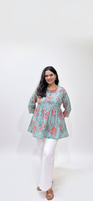 SATITHREADS Women Floral Print, Printed Tunic Kurta(Light Blue)