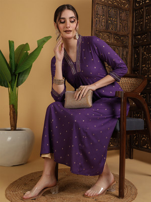 Gulmohar Jaipur Women Solid Flared Kurta(Purple)