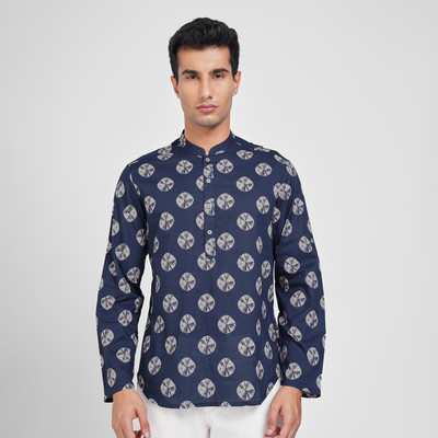 Indus Route by Pantaloons Men Printed Straight Kurta(Blue)