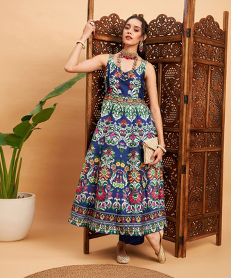 Shae by SASSAFRAS Women Floral Print Flared Kurta(Dark Blue)
