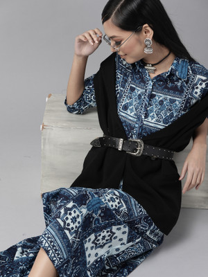Indo Era Women Printed A-line Kurta(Blue)