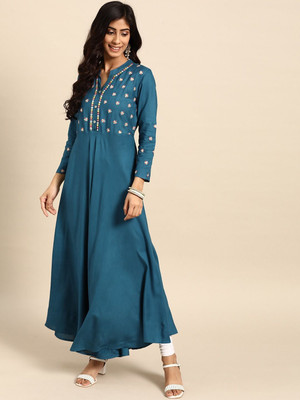 ANOUK Women Embroidered A-line Kurta(Blue)