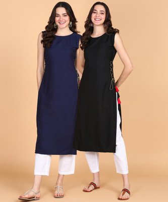 Aiza collection Women Solid Straight Kurta(Dark Blue, Black)