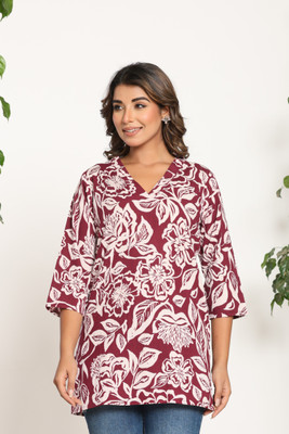 Jaipuri Bunaai Women Floral Print Straight Kurta(Maroon)