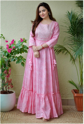 Aaradhiya Creation Women Embroidered Anarkali Kurta(Pink)