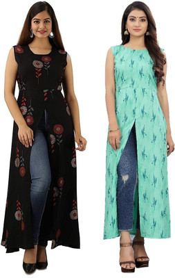 tanvi creation Women Printed Frontslit Kurta(Green)