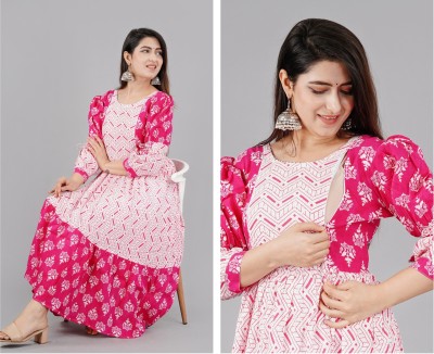 MANAV FASHIONS Women Printed Anarkali Kurta(White, Pink)