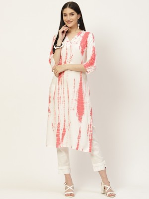 maaesa Women Printed Straight Kurta(White, Pink)