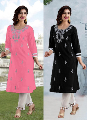 SISTO Women Chikan Embroidery Straight Kurta(Multicolor)