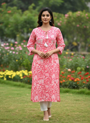 Gvastra Women Printed A-line Kurta(Pink)