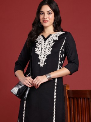 ANOUK Women Floral Print Straight Kurta(Black)