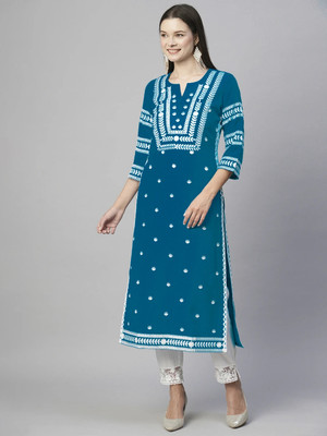 Om Enterprise Women Embroidered Straight Kurta(Blue)