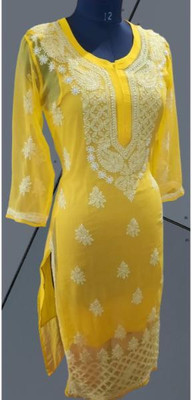 KKHENTPRS Women Chikan Embroidery Ethnic Dress Kurta(Yellow)