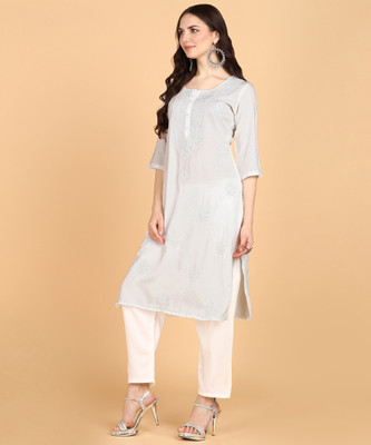 ANGITA Women Chikan Embroidery A-line Kurta(White)