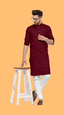 HouseOfCommon Men Striped A-line Kurta(Maroon)