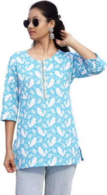 Pearlsy Women Floral Print A-line Kurta(Light Blue)