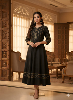 Yash Gallery Women Printed Anarkali Kurta(Black)