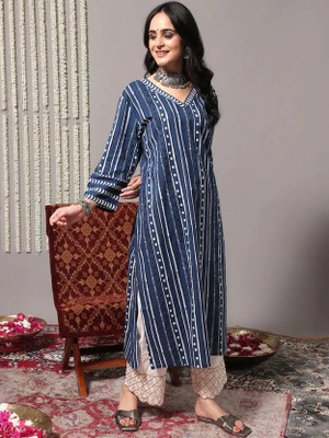 Deshopever Women Printed Straight Kurta(Blue)