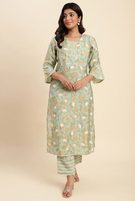 Siddhansh Women Floral Print, Printed, Striped Straight Kurta(Light Green)