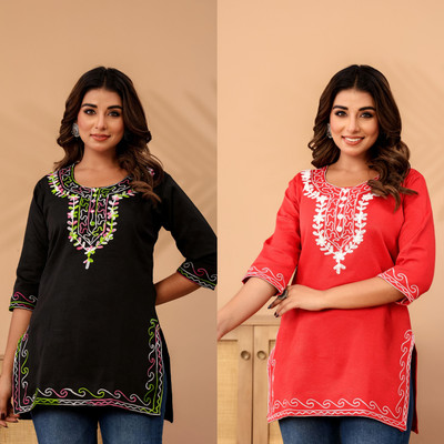 Plenilune Women Embroidered Straight Kurta(Red, Black)