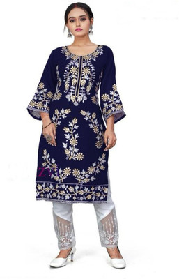 AMALAK Women Embroidered A-line Kurta(Dark Blue)