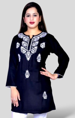 zhouse Women Chikan Embroidery A-line Kurta(Dark Blue)