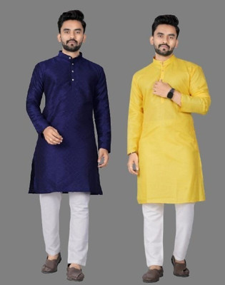 DHASU TRENDZ Men Self Design, Solid Straight Kurta(Blue, Yellow)