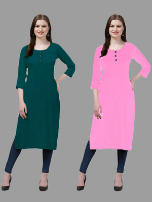 HOFC Women Solid Straight Kurta(Dark Green, Pink)