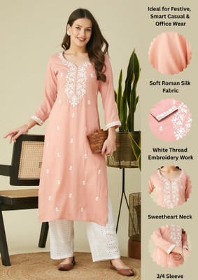 Rensa Women Embroidered Straight Kurta(Beige)